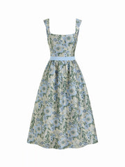 Jacquard Sculptural Floral Square Neck Lace Up Flared Midi Dress