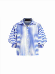 Cotton Striped Lantern Sleeve Collar Blouse