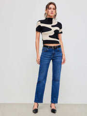 Knit High Neck Zebra Stripe Short Sleeve Top