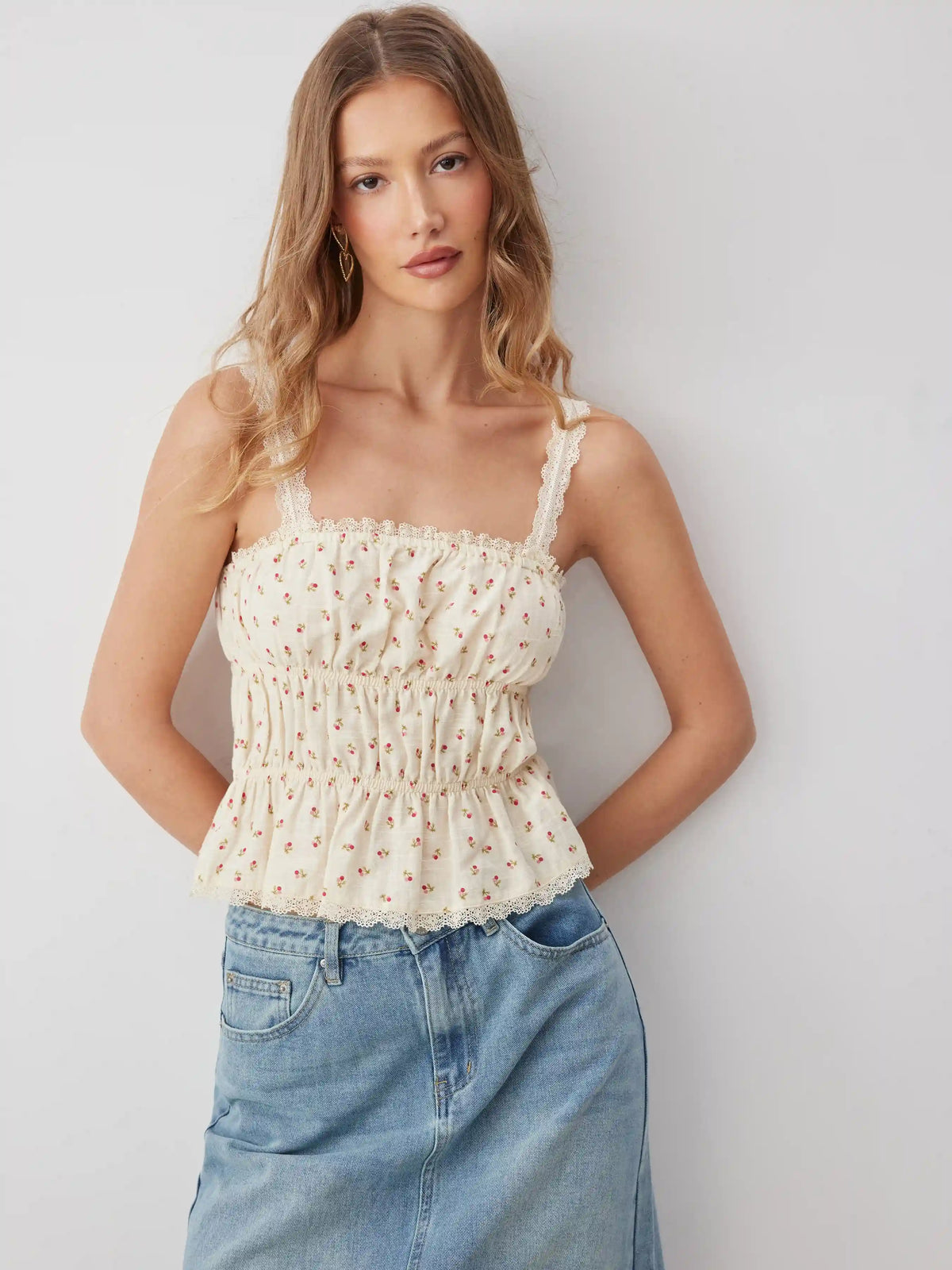 Cotton-blend Cherry Graphic Square Neck Lace Trim Tank Top