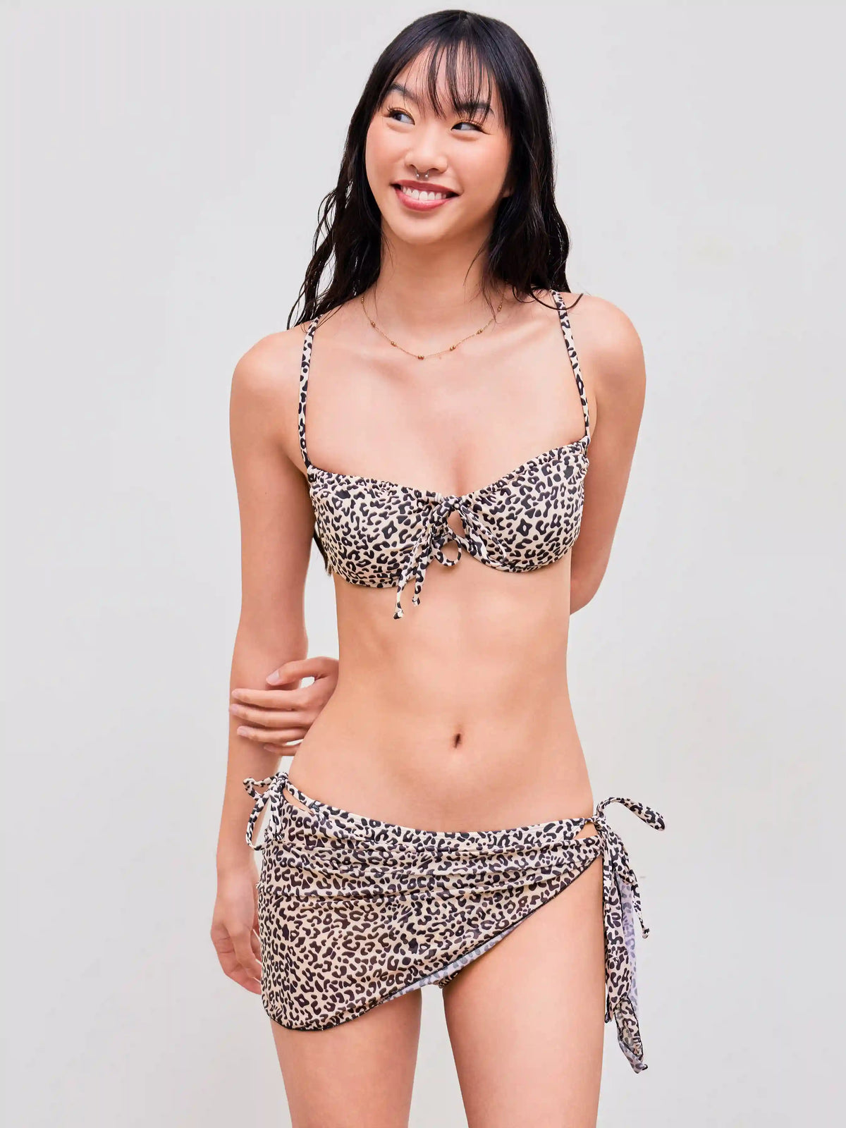 Square Neck Leopard Underwire Tie Side Bikini Swimsuit With Sarong