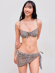 Square Neck Leopard Underwire Tie Side Bikini Swimsuit With Sarong