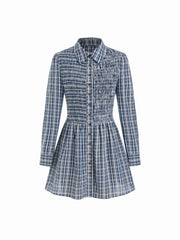 Cotton-blend Collar Tartan Shirred Button Mini Dress