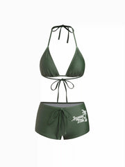 Halter Neckline Tropical Palm Graphic Triangle Top & Low Rise Drawstring Shorts Bikini Set