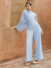 Asymmetrical Draped Cape Round Neck Wide Leg Jumpsuit