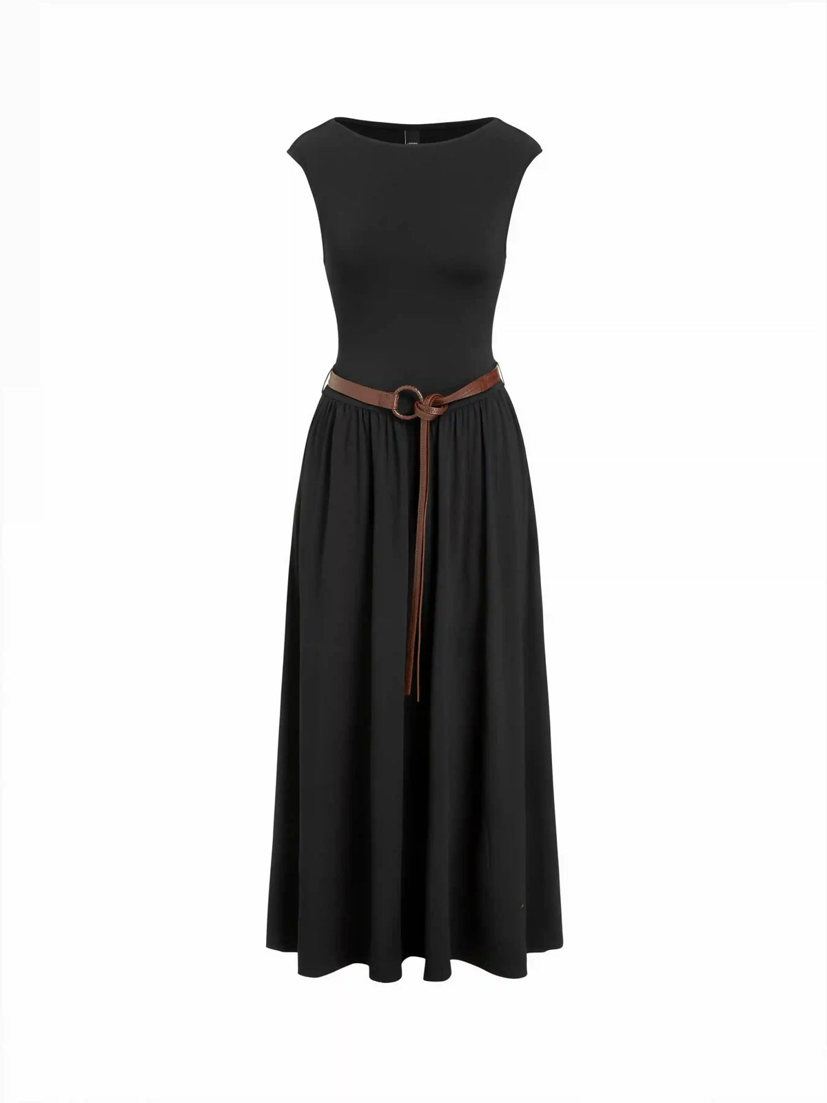 High Stretch Boat Neck Pocket A-line Maxi Dress With Belt