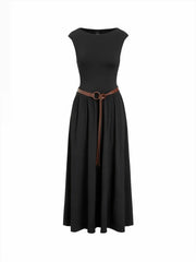 High Stretch Boat Neck Pocket A-line Maxi Dress With Belt