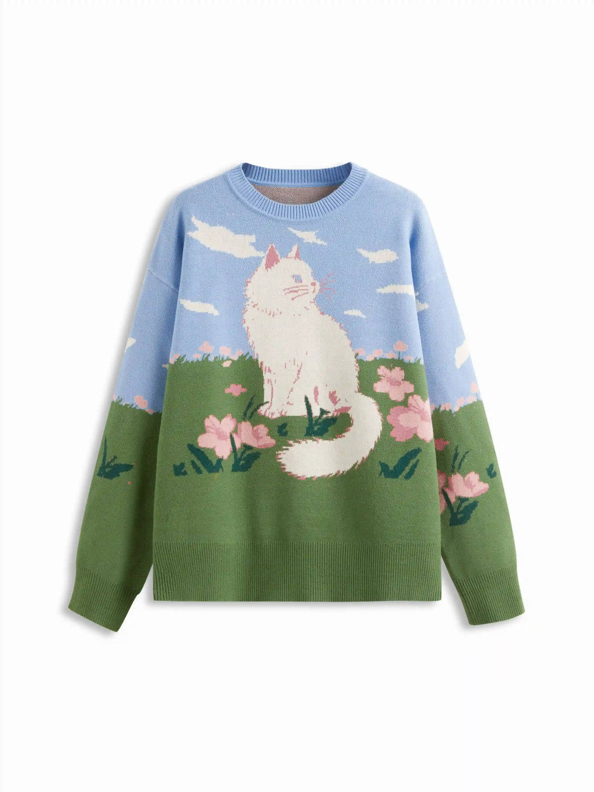 Knit Jacquard Cat & Flower Graphic Round Neckline Oversized Top