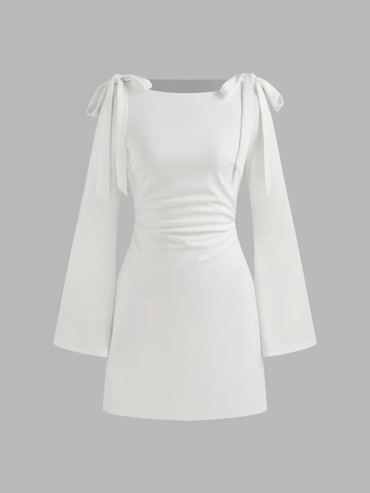Boat Neckline Solid Ruched Bowknot Mini Dress