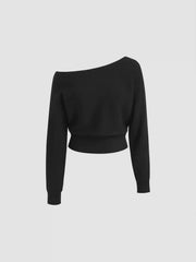Asymmetrical Neck Solid Crop Long Sleeve Top