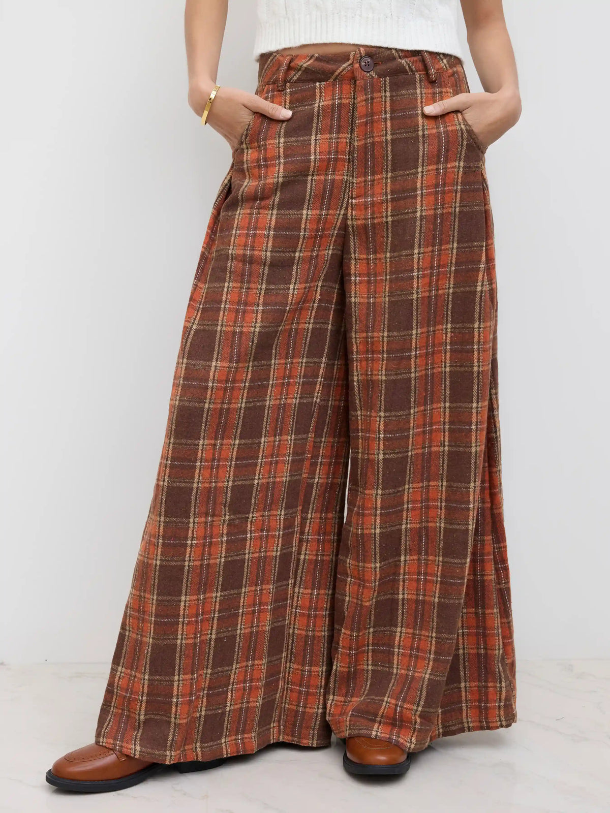 Flannel Check Button Wide Leg Trousers
