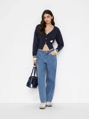 Knit V-neck Long Sleeve Contrasting Binding Metal Button Cardigan