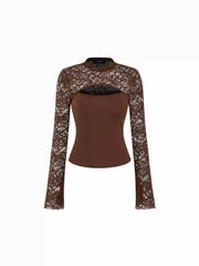 Floral Lace Stand Collar Bell Sleeve Top