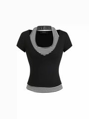 Striped Halter Neck Sleeveless Top & V-neck Short Sleeve Top