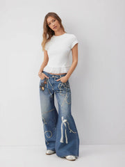 Cider Denim Low Rise Diamond & Lace Graphic Wide Leg Jeans With Hanging