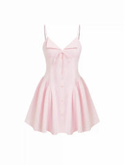 Textured Cotton V-neck Knotted Flared Mini Dress