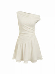 Asymmetrical Neck Paisley Lace Ruched Flared Mini Dress
