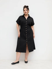 Linen-blend Polo Shirred Button Through Midi Shirt Dress Curve & Plus