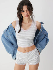 Scoop Neck Striped Lace Trim Top & Mid Rise Shorts Set