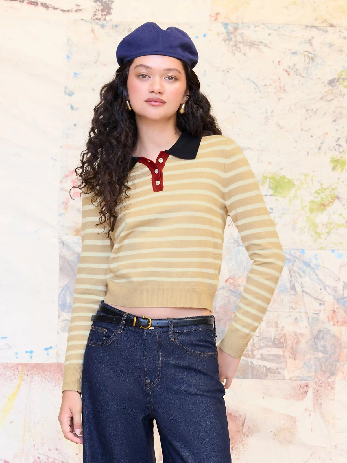 Knit Polo Collar Stripe Contrast Binding Long Sleeve Top