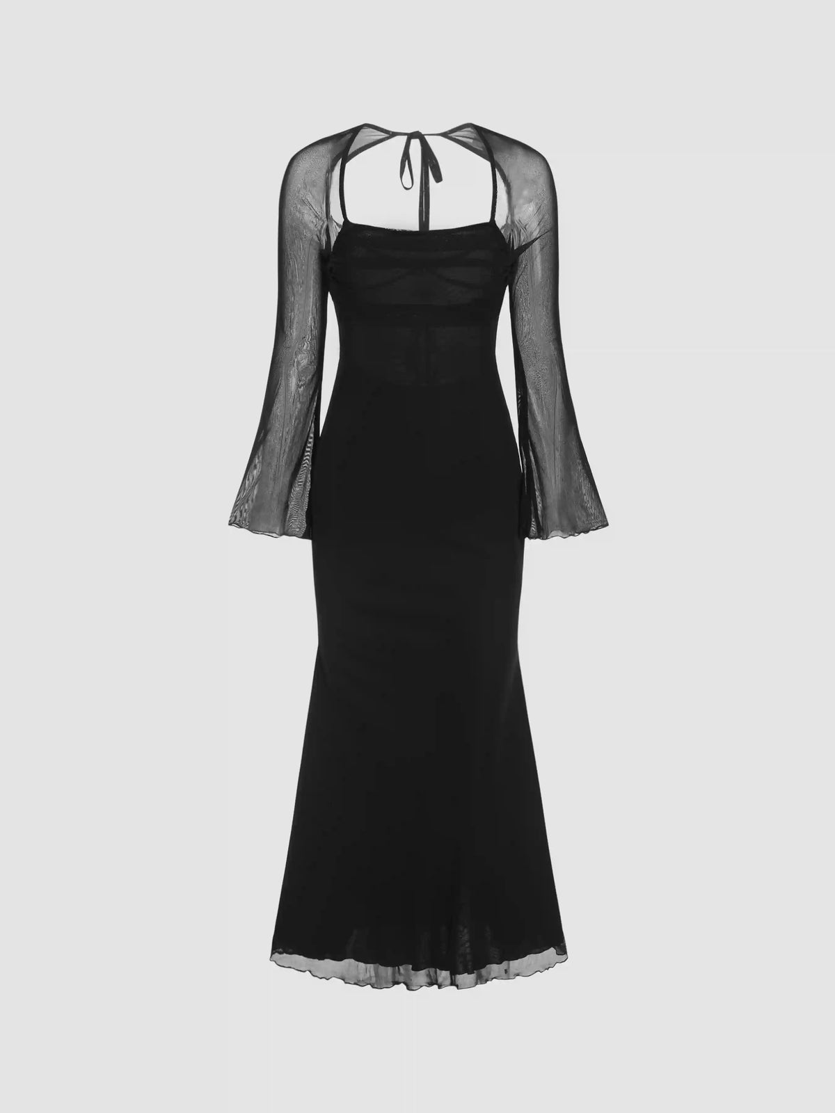 Mesh Square Neck Solid Drawstring Maxi Dress