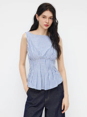 Cotton-blend Boat Neck Stripe Pleated Tank Top