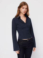 Stripe Collar V-neck Bell Sleeve Asymmetrical Button Shirt