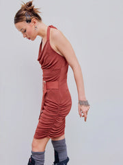 Halter Ruched Belted Solid Mini Dress