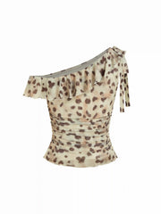 Mesh Leopard Asymmetrical Neck Bowknot Ruffle Blouse