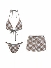 High Stretch Plaid Halter  Triangle Top & Mid Rise Bikini Shorts 3 Piece Bikini Set