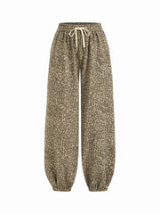 Terry Mid Rise Leopard Camo Print Drawstring Jogger Trousers