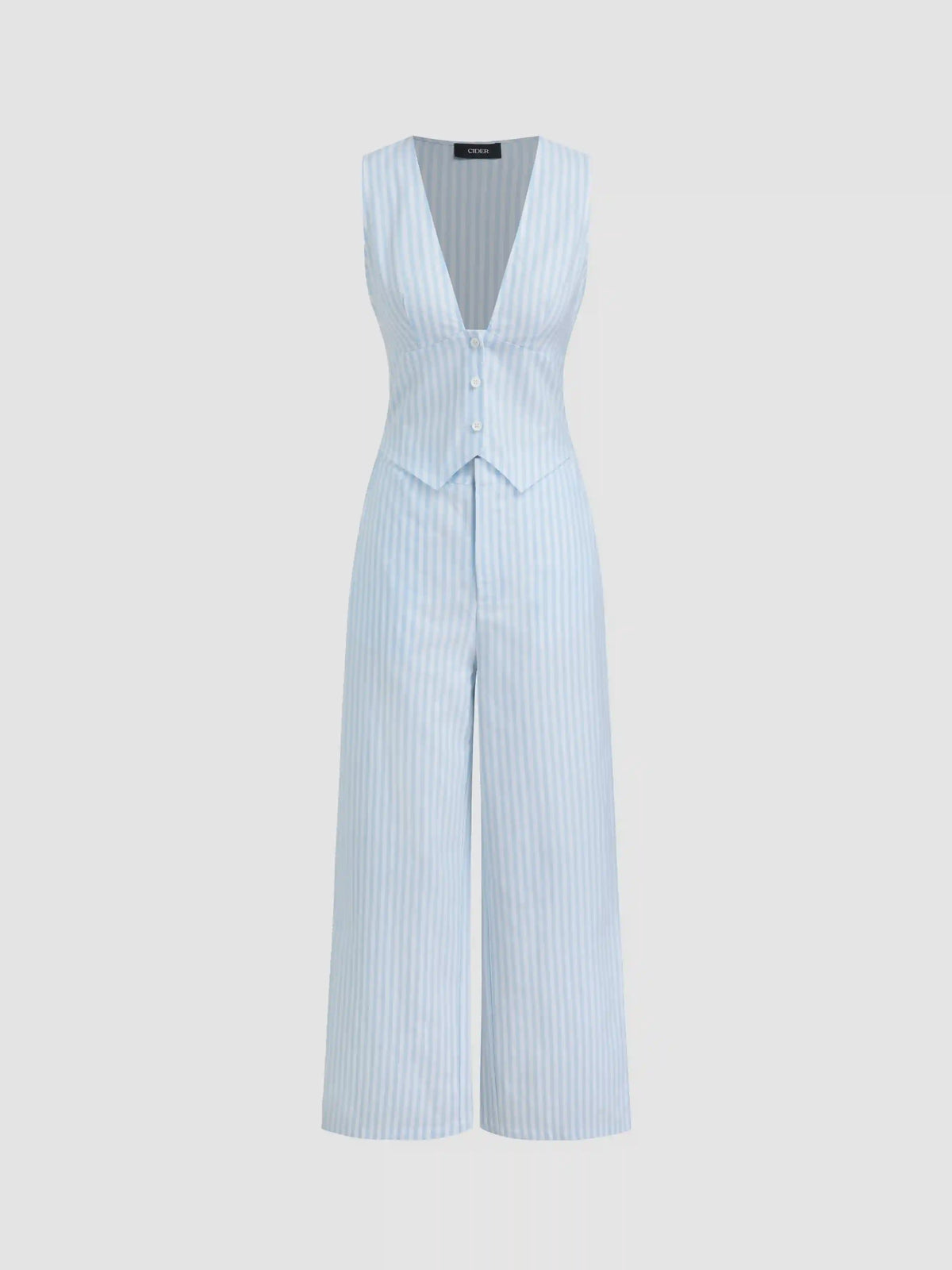 Cotton-blend V-neck Stripe Wide Leg Jumpsuit