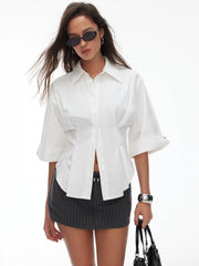 Cotton-blend Ruched Short Sleeve Blouse