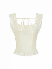 Square Neck Ruffled Smocked Lace Trim Crop Blouse