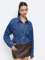 Denim Collar Long Sleeve Cinched Waist Ruffle Hem Crop Jacket