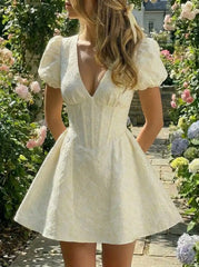 Jacquard Sculptural V-neck Puff Sleeve Corset Flared Mini Dress