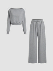 Terry Asymmetrical Neck Solid Long Sleeve Crop Top & Mid Rise Elastic Waist Knotted Wide Leg Trousers Set