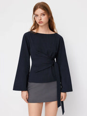 Boat Neck Stripe Knotted Bell Sleeve Blouse