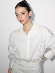Cotton-blend Collar Ruched Long Sleeve Mini Dress