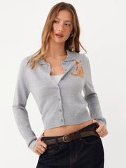 Knit Cat Graphic Round Neckline Cardigan
