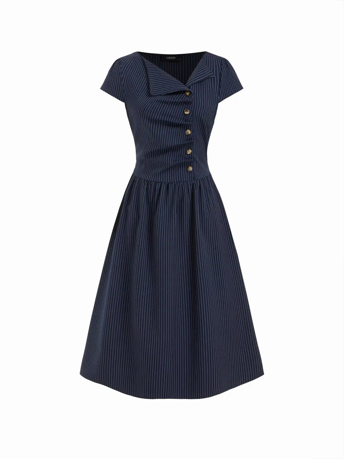 Asymmetrical Neck Tartan Ruched Tie Back Midi Flared Dress