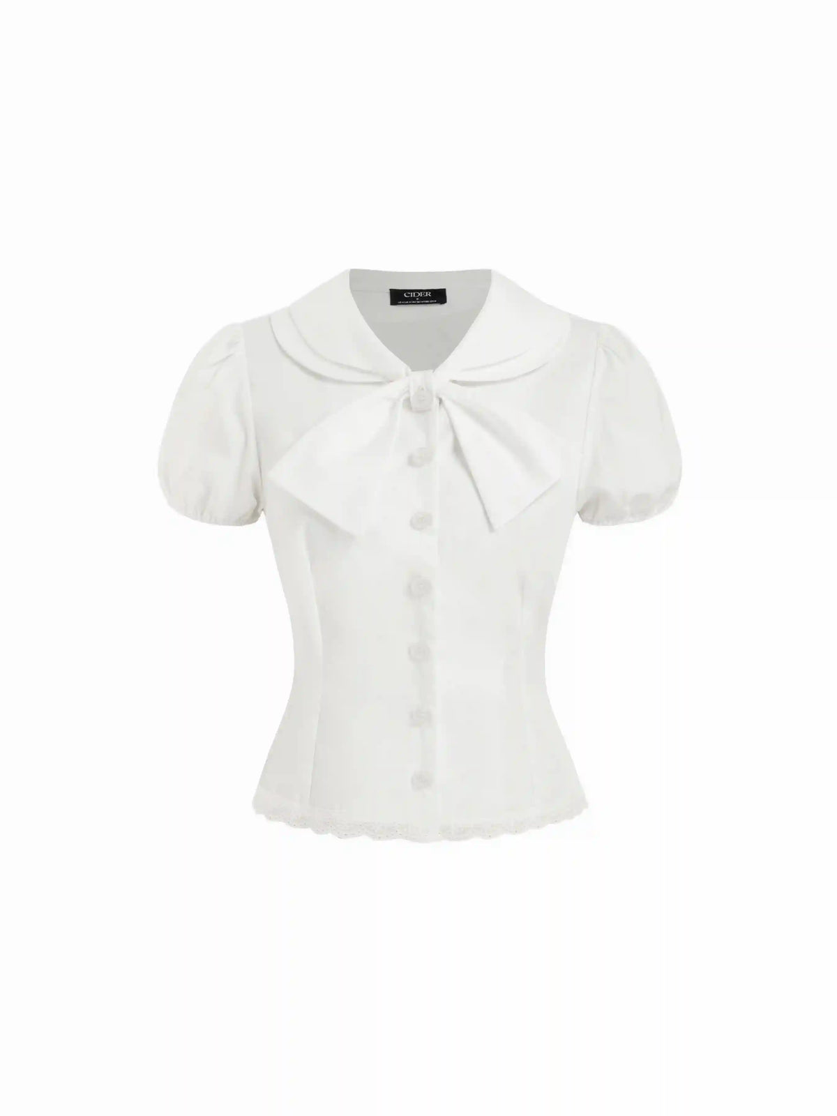 Cotton Peter Pan Collar Puff Sleeve Bowknot Lace Trim Blouse