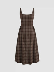 Square Neck Check Pleated Zipper Maxi Dress