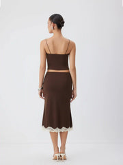Lace Trim V-neck Cami Top & Low Rise Midi Skirt Set