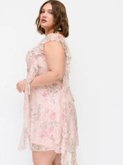 Square Neck Lace Floral Ruffle Hem Ruched Mini Dress Curve & Plus