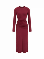 Round Neckline Ruched Long Sleeve Maxi Bobycon Dress