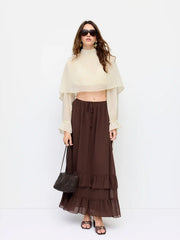 Chiffon Mid Rise Drawstring Ruffled Tiered Maxi Skirt