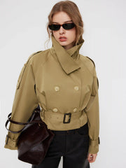 Funnel Collar Double Breasted Trench Coat With Belt