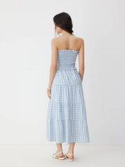 Gingham Strapless Shirred Knotted Ruffle Trim Tiered Maxi Dress