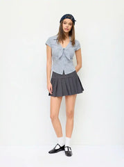 Cotton-blend Gingham Short Sleeve Twist Knotted Blouse